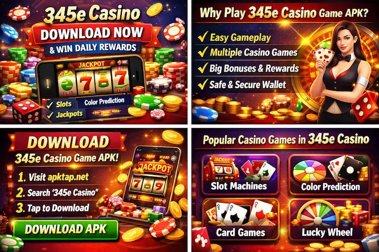 345e Casino game download banner showing slot machine, casino chips, jackpot coins, and daily rewards promotion.